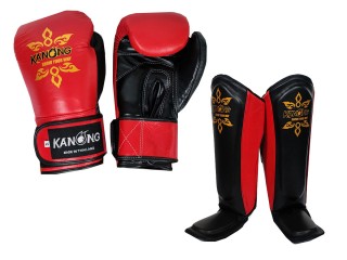 Gants + Protege Tibias Muay Thai en cuir KANONG : Rouge/Noir